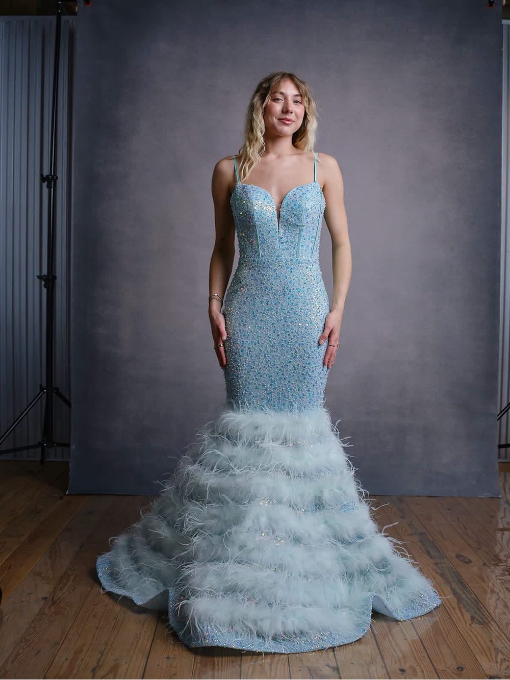 Portia and Scarlett Light Blue Beaded Feathered Mermaid Prom Dress